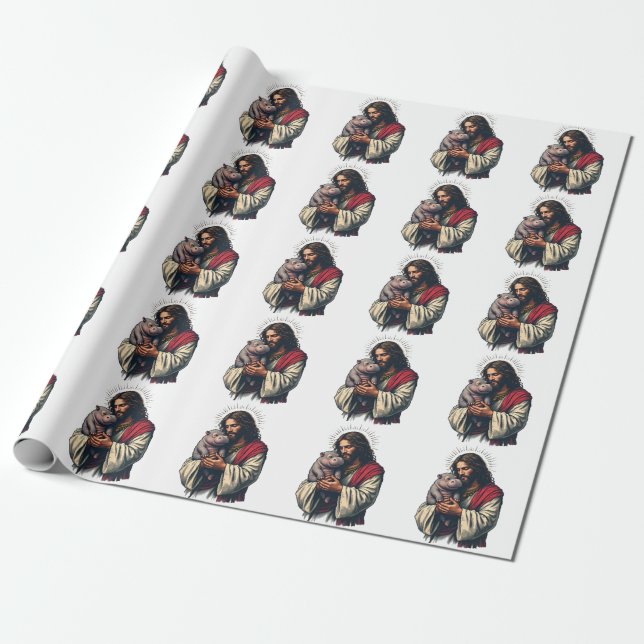 Papier Cadeau Jésus tenant un bébé Moo Deng Hippo (Déroulé)
