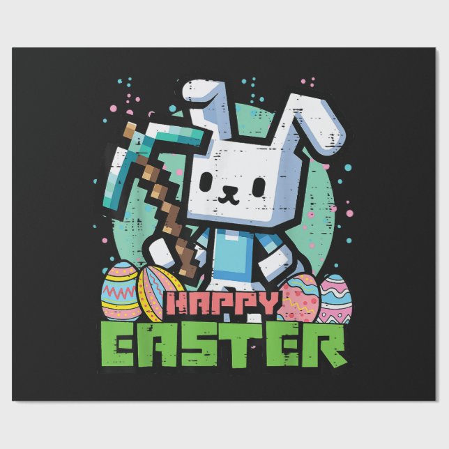Papier Cadeau Jeu de pixels de lapin de Pâques heureux  (Plat)