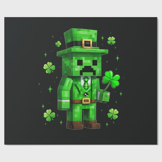 Papier Cadeau Jeu vidéo drôle de la Saint-Patrick sur le Leprech (Plat)