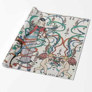 Papier Cadeau JEUNE FILLE,RUBANS COLORÉS ,CUPIDON Saint-Valentin