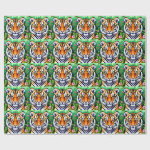 Papier Cadeau Jeune tigre botanique audacieux