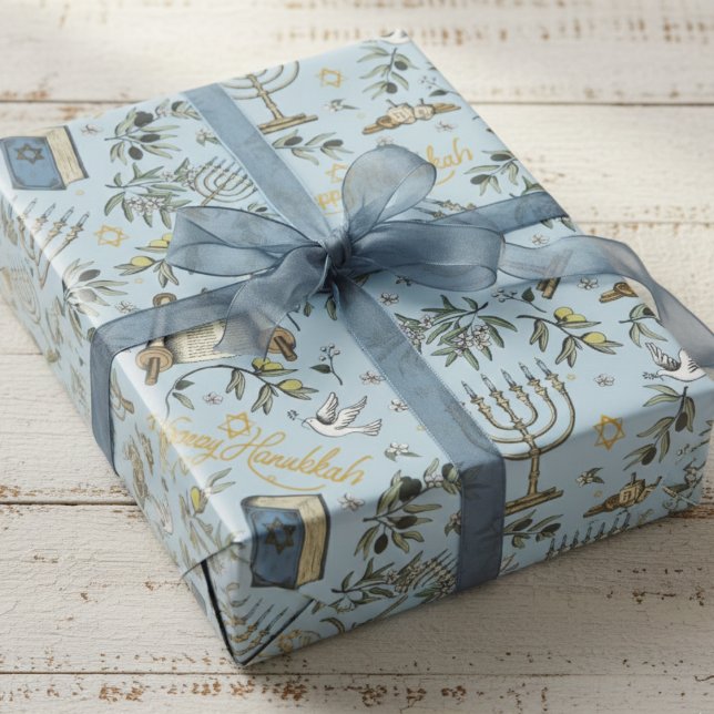 Papier Cadeau Jewish Happy Hanukkah Menorah & Olive Branches (Elegant Blue Menorah, Star of David, Dreidel & Olives Wrapping Paper for Jewish Holiday Hanukkah)