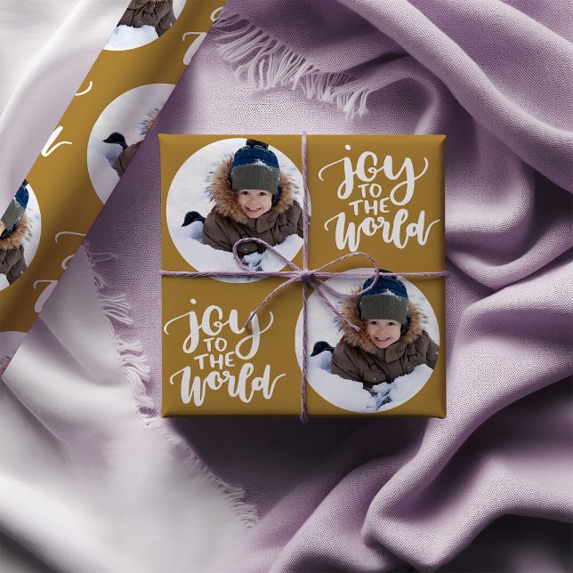 Papier Cadeau Joie au Monde Calligraphie Round Photo Gold (Photo Wrapping Paper - Joy to the World)