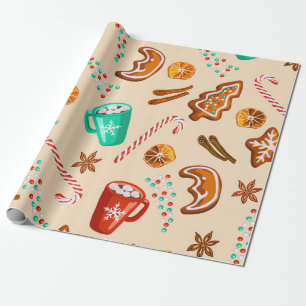 Papier Cadeau Joie de Noël Nostalgique, Cookies,Cacao,Canne à Su