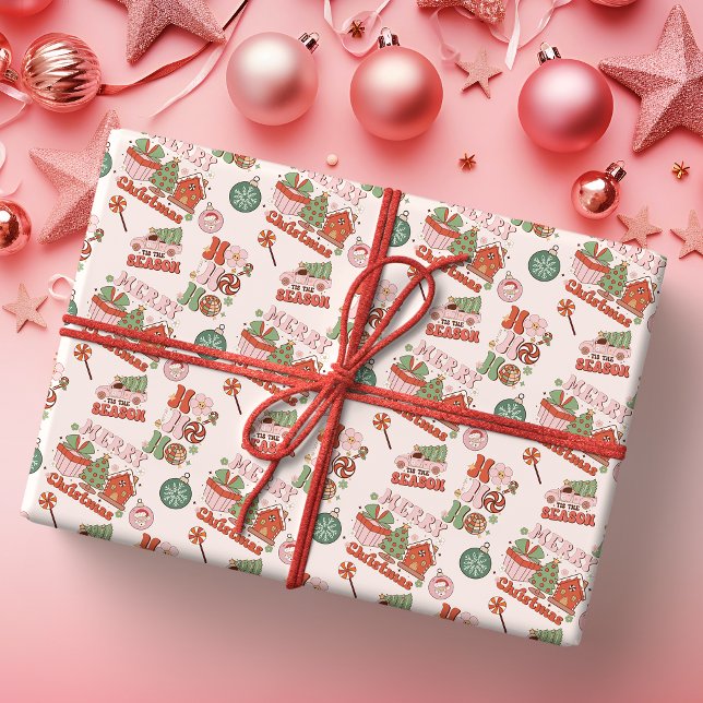 Papier Cadeau Joie des Fêtes Rose et Vert Rétro (Créateur téléchargé)