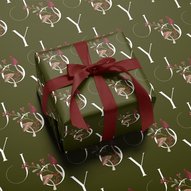 Papier Cadeau Joie Rustique Woodsy Aquarelle Champignons Noël (Joy Rustic Woodsy Watercolor Mushroom Christmas Wrapping Paper)