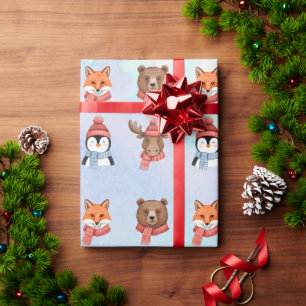 Papier Cadeau Joli Animal Heureux Noël Aquarelle Bleue