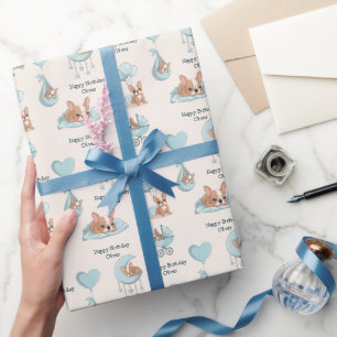 Papier Cadeau Joli anniversaire de bébé garçon bleu Bouledogue F