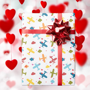 Papier Cadeau Joli avion coloré et cœur, Saint-Valentin