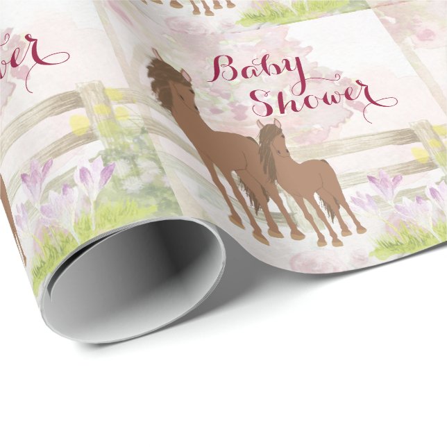 Papier Cadeau Joli Baby shower de chevaux et de fleurs Brown (Coin rond)