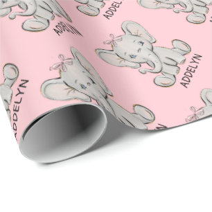 Papier Cadeau Joli bébé éléphant rose Nom de petite fille Envel