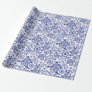 Papier Cadeau Joli bleu blanc Motif Boho Paisley