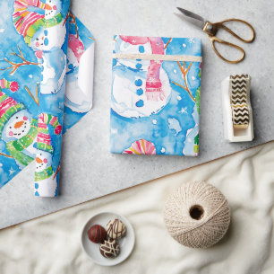 Papier Cadeau Joli bonhomme de neige aquarelle de Noël bleu