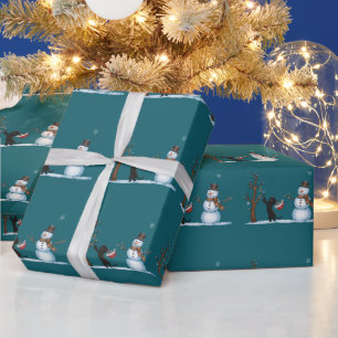 Papier Cadeau Joli Bonhomme de Neige de Noël Chats Amoureux Xmas