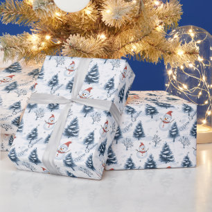 Papier Cadeau Joli Bonhomme de Neige et Arbres enneigés Joyeux N