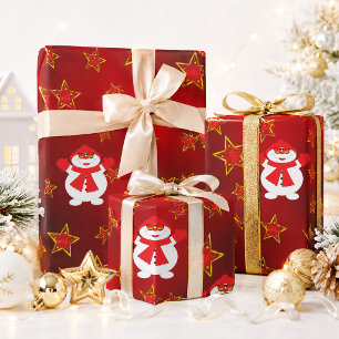 Papier Cadeau Joli Bonhomme de Neige Étoiles Rouges et Dorées No