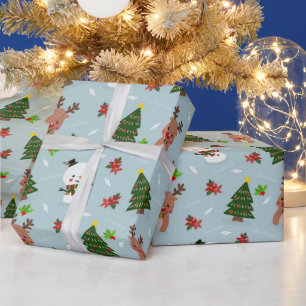 Papier Cadeau Joli bonhomme de neige, renne et emballage d'arbre