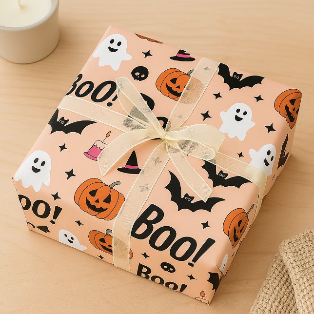 Papier Cadeau Joli "Boo !" Fantômes d'Halloween et Motif Citroui (Créateur téléchargé)