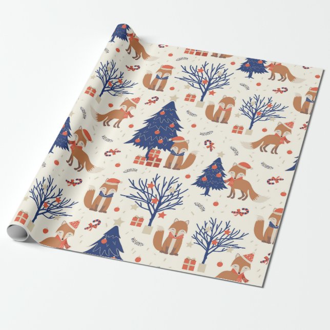 Papier Cadeau Joli cadeau d'arbre de Noël Stars Fox Bleu Rouge B (Déroulé)