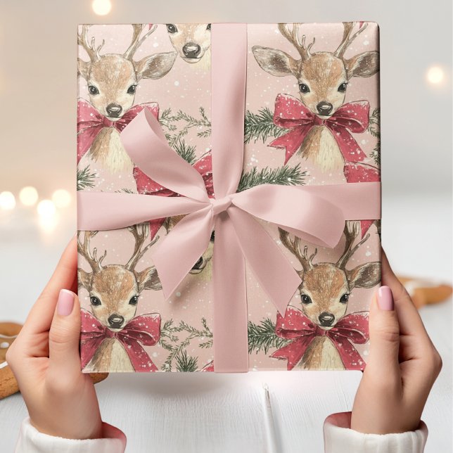 Papier Cadeau Joli Cerf avec Bow rouge Neutre Noël (Créateur téléchargé)