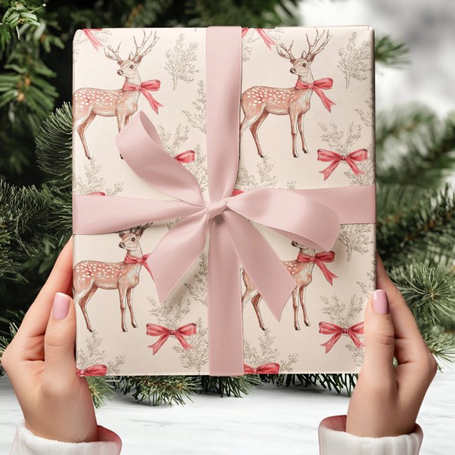 Papier Cadeau Joli Cerf avec Bow rouge Neutre Noël (Créateur téléchargé)