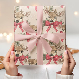 Papier Cadeau Joli Cerf avec Bow rouge Neutre Noël