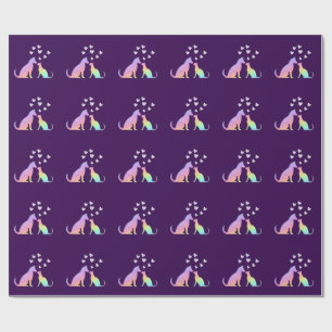 Papier Cadeau Joli Chat Arc-en-Ciel et Silhouette de Chien Amour