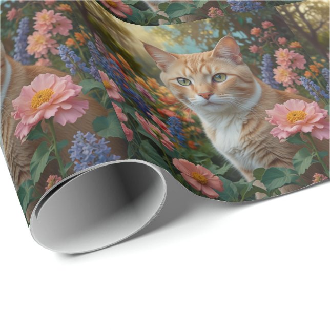 Papier Cadeau Joli chat blanc orange dans un jardin fleuri (Coin rond)