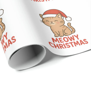 Papier Cadeau Joli Chat de Noël avec Chapeau de Père Noël