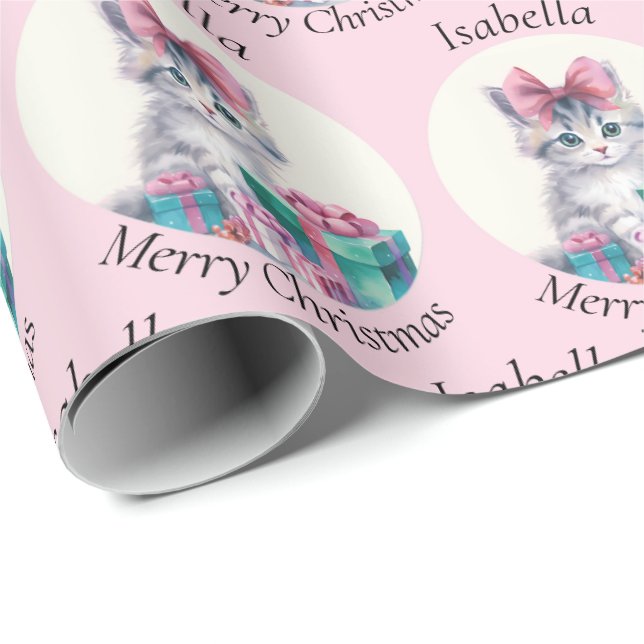 Papier Cadeau Joli Chat de Noël Grand Ruban Rose Ajouter Nom (Coin rond)