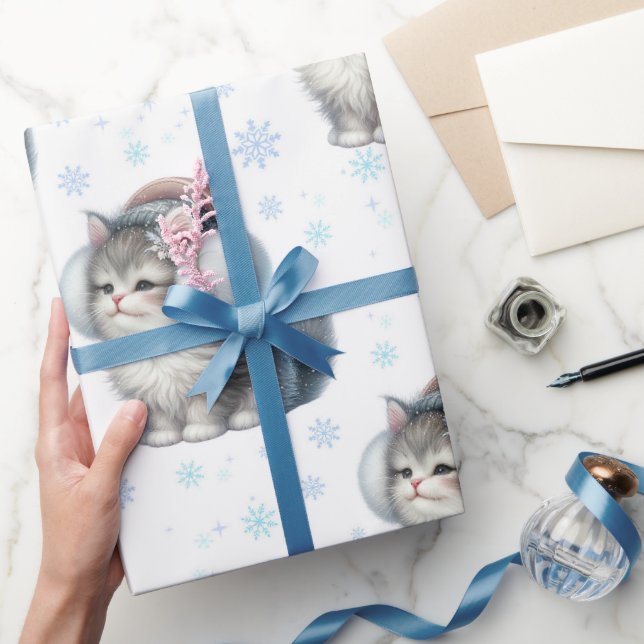 Papier Cadeau Joli Chat d'Hiver avec Cache-Oreilles (Cadeaux)