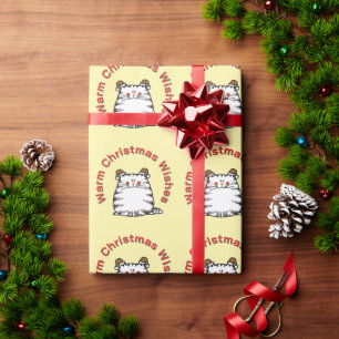 Papier Cadeau Joli Chat Grassouillet Deux Chapeaux de Noël Vœux