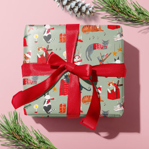 Papier Cadeau Joli chat  Noël vert rétro vintage