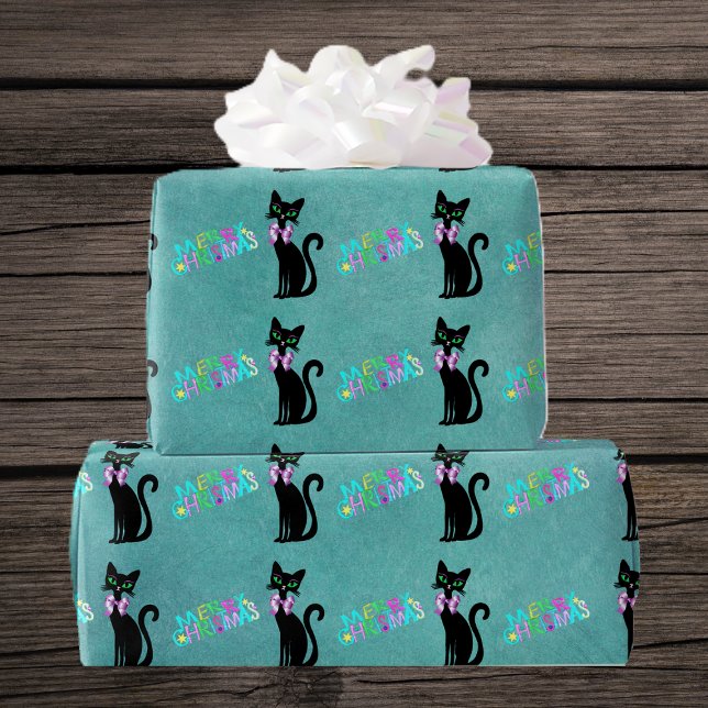 Papier Cadeau Joli Chat Noir Milieu de Siècle Rose Bow Noël (Pretty black mid century style cats colourful Merry Christmas text on teal roll of wrapping paper.)