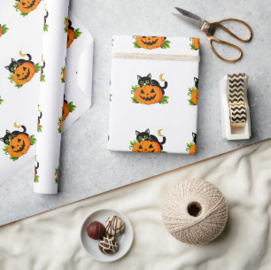 Papier Cadeau Joli chat noir sur citrouille Jack-O'-Lantern d'Ha