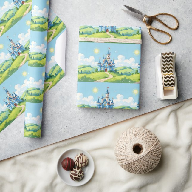 Papier Cadeau Joli château bleu et blanc (Artisanat)
