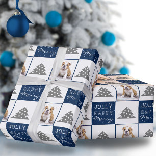 Papier Cadeau Joli Chien Chiots Animal Joyeux Sapin de Noël Bleu