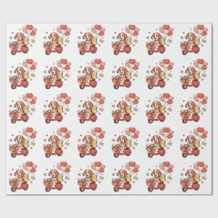 Papier Cadeau Joli chien de la Saint-Valentin en scooter avec ba