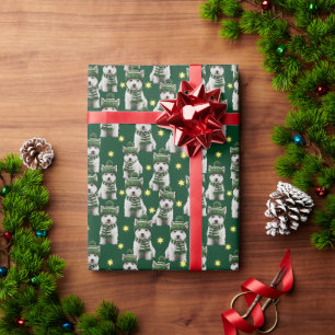 Papier Cadeau Joli chien Westie en chapeau d'hiver vert motif