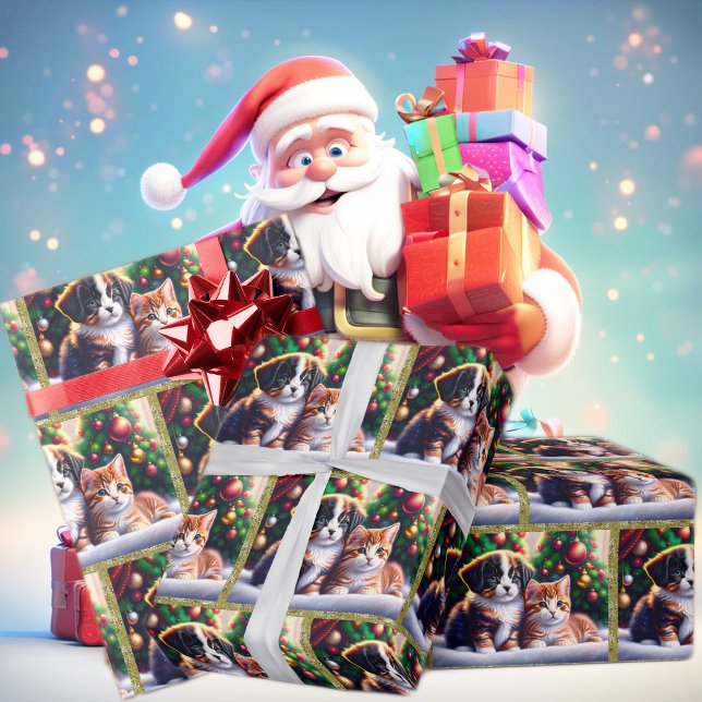 Papier Cadeau Joli chiot et chat sous l'arbre de Noël (Créateur téléchargé)