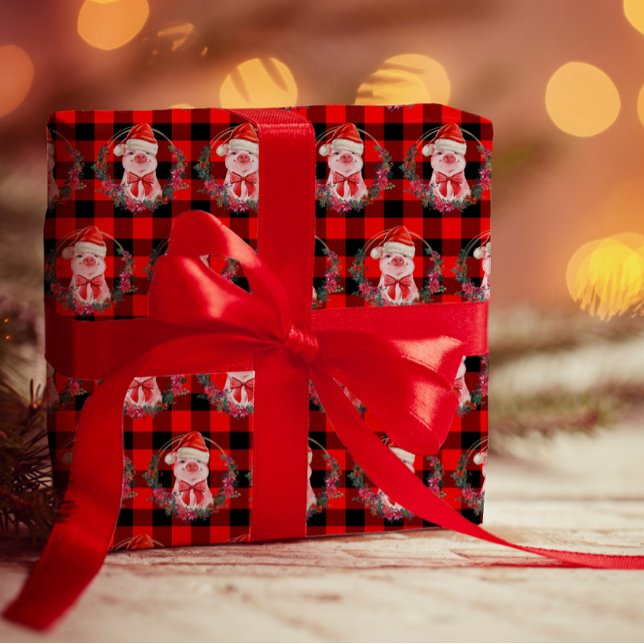 Papier Cadeau Joli Cochon De Noël Avec Buffalo Plaid Rouge Drôle (Créateur téléchargé)