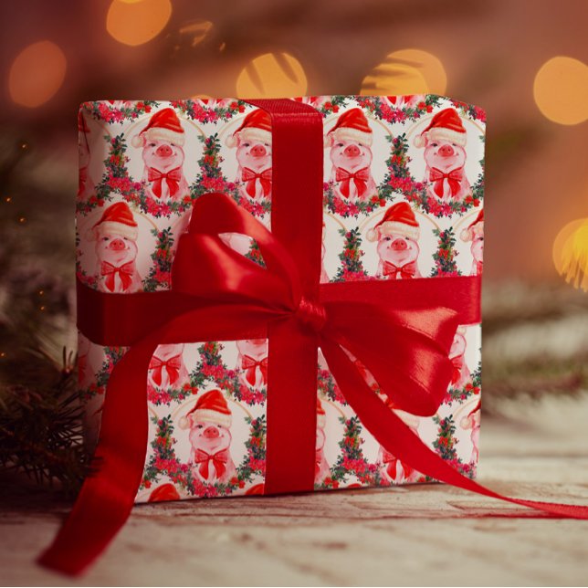 Papier Cadeau Joli cochon de Noël blanc et rouge drôle Aquarelle (Créateur téléchargé)