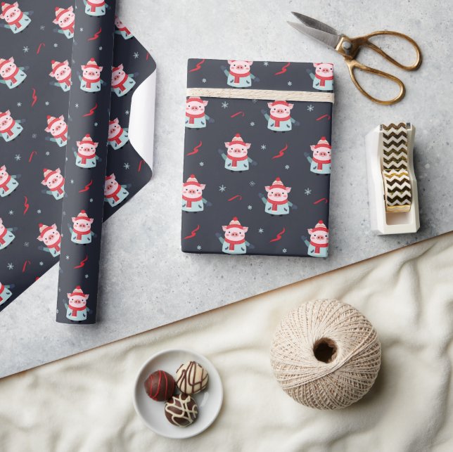 Papier Cadeau Joli cochon de Noël d'hiver  (Artisanat)