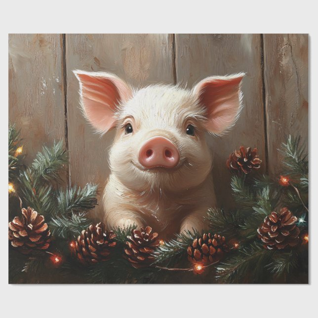 Papier Cadeau Joli Cochon de Noël Peinture Rustique Découpage (Plat)
