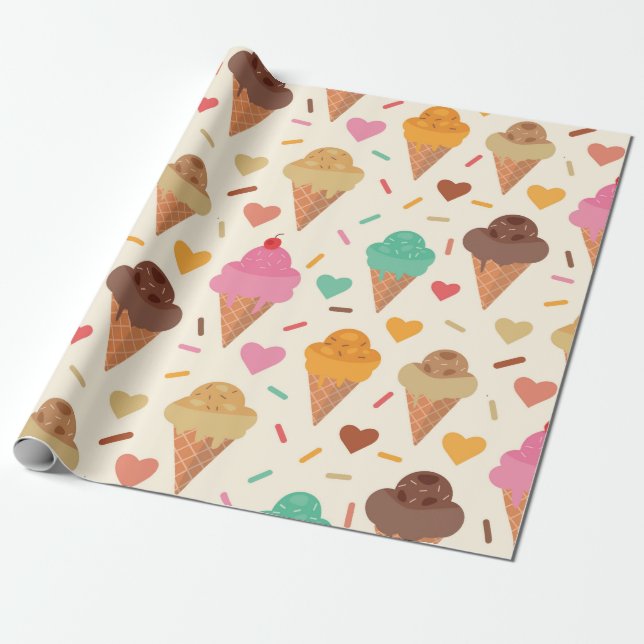 Papier Cadeau Joli cône de crème avec des cœurs  (Déroulé)