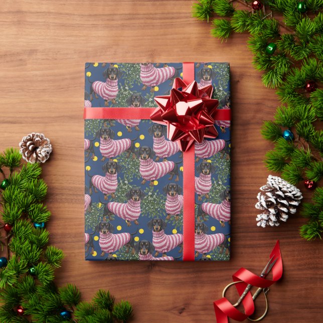 Papier Cadeau Joli Dachshund en pull rose Gui Bleu marine (Cadeau de vacances)