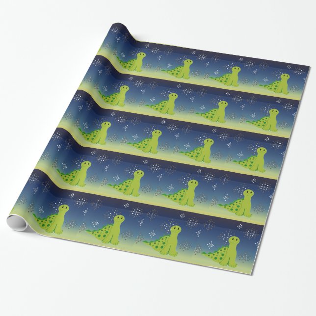 Papier Cadeau Joli dinosaure avec flocons de neige (Déroulé)