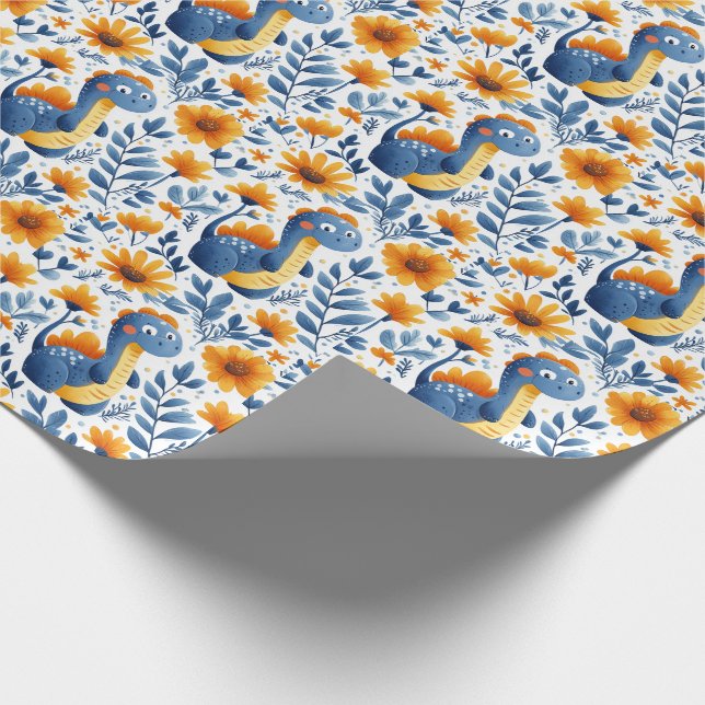 Papier Cadeau Joli Dinosaure Bleu Orange Fleurs Jaunes de Margue (Coin)
