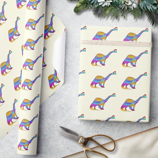 Papier Cadeau Joli dinosaure Brontosaurus Noël (Kids cute colorful dinosaur christmas wrapping paper Festive watercolor brontosaurus santa hat dino)