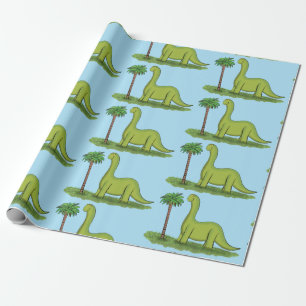 Papier Cadeau Joli dinosaure cartoon brontosaurus vert heureux